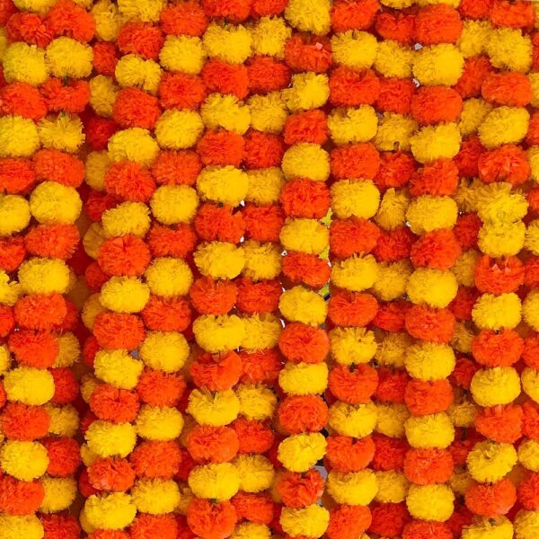 Marigold Garland for Decoration 5 Pcs of 5 feet Long Strands Artificial Marigold Flowers, Indian Décor for Pooja, Wedding Christmas, Events Decorations