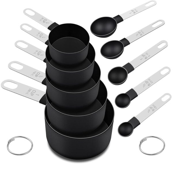 Measuring Cups and Spoons Set, Kitchen Essentials Gadgets 10 Pieces, Nesting Measure Cups Spoons with Stainless Steel Handle for Dry & Liquid Ingredient, Black