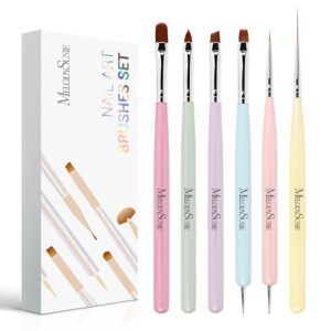 MelodySusie Nail Art Brushes Set,6pcs Nail Art Design Pen Painting Tools with Extension Gel Brush, Polish Brush, Builder Brush,Liner Brush, Carved Brush, and Dotting Pen for...