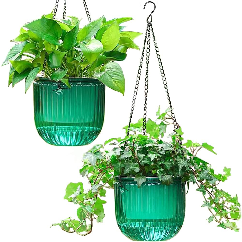 Melphoe 2 Pack Self Watering Hanging Planters Indoor Flower Pots, 6.5 Inch Outdoor Hanging Basket, Plant Hanger with 3Hooks Drainage Holes for Garden Home (Emerald)