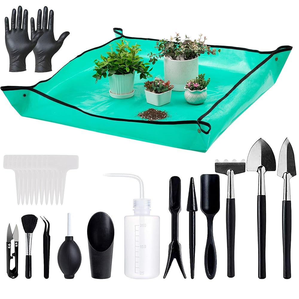 Melphoe 25Pcs Mini Garden Hand Transplanting Succulent Tools Set, 39.4" Thickened Repotting Mat & Plant Tag, Miniature Planting Indoor Fairy Care, Potting, Cactus, Houseplant...