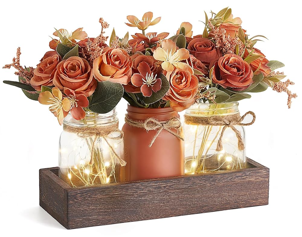 Mkono Mason Jar Lights Centerpiece Table Decorations for Dining Room Farmhouse Coffee Table Decor Tray with 3 Jars Flowers Christmas Centerpieces Fall Decor for Kitchen Living...