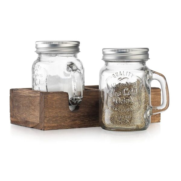 MosJos Mason Jar Salt and Pepper Shakers - Vintage Glass Condiment Dispenser Set with Wooden Holder Caddy - Farmhouse Kitchen Decor, Easy Refill 5-ounce Capacity with Stainless...