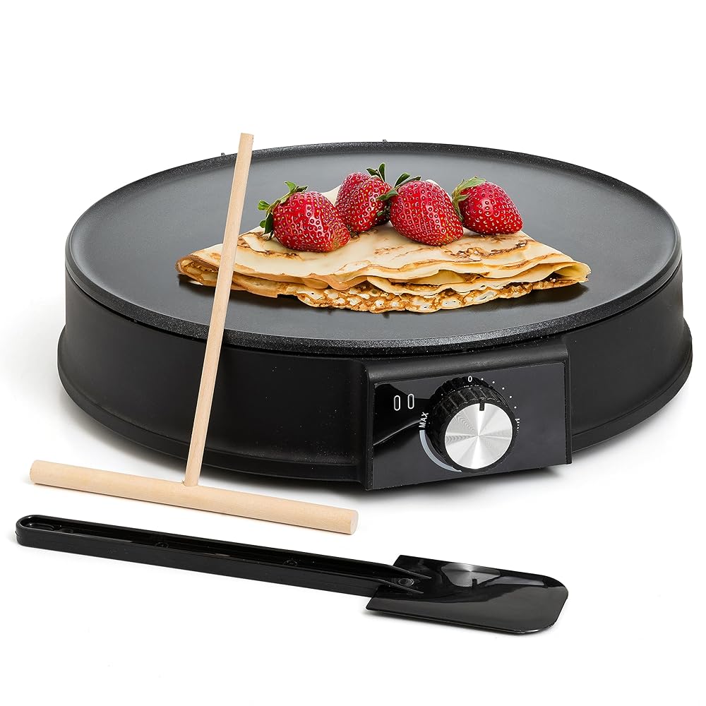 Moss & Stone 12” Electric Griddle & Crepe Maker Machine. Electric Crepe Maker with Adjustable Temperature for Blintzes Pancakes & Tortilla, Non-Stick Crepe Pan & Batter Spreader...