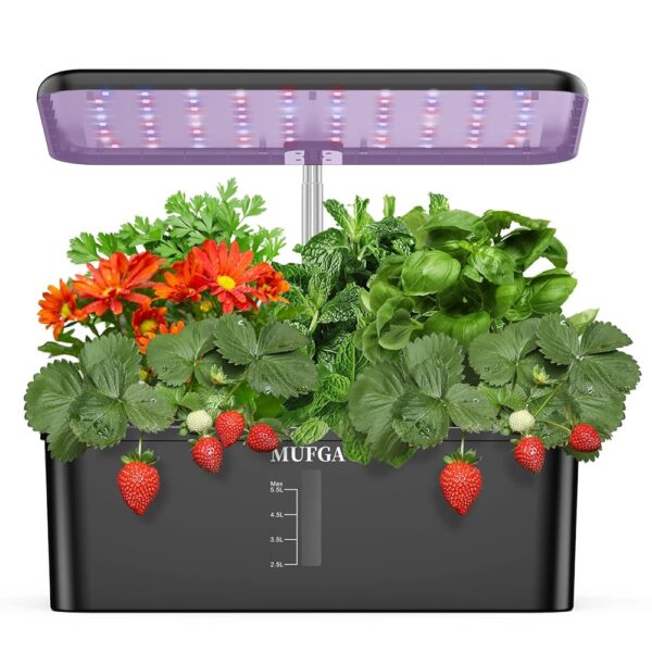 MUFGA 12 Pods Hydroponics Growing System, Indoor Garden with LED Grow Light, Plants Germination Kit, Mini Herb Garden with Pump System, Height Adjustable (No Seed)