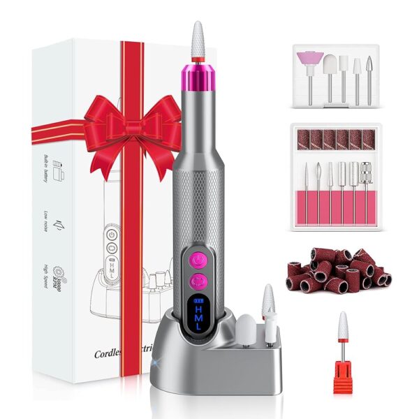 Nail Drill, Cordless Electric Nail Drill Professional Efile Nail Drill Kit for Acrylic, Gel Nails, Manicure Pedicure Polishing Shape Tools Design for Home Salon Use Gray