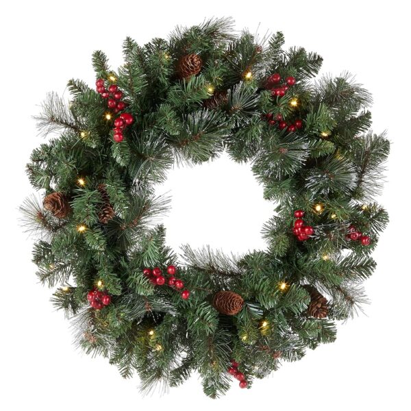 National Tree Company Pre-Lit Artificial Christmas Wreath, Green, Crestwood Spruce, White Lights, Decorated with Pine Cones, Berry Clusters, Frosted Branches, Christmas...