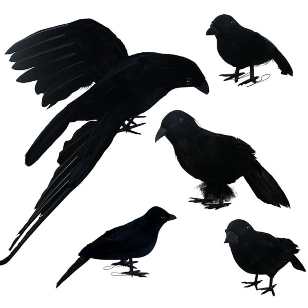 NEROSUN 5 Pack Halloween Black Feathered Crows, Realistic Feathered Black Birds Raven, Halloween Decoration for Indoor Outdoor Home Yard Garden Party Decor