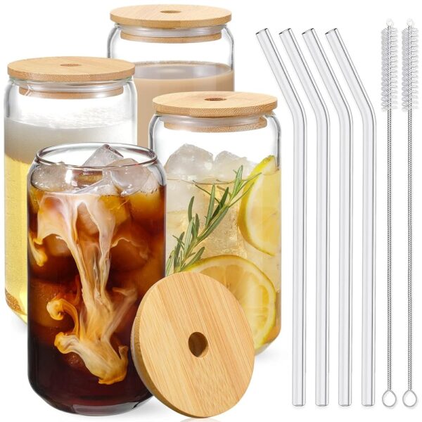 NETANY Drinking Glasses with Bamboo Lids and Glass Straw 4pcs Set - 16oz Can Shaped Glass Cups, Beer Glasses, Iced Coffee Glasses, Cute Tea Cup, Ideal for Cocktail, Whiskey,...