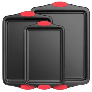 NutriChef 3-Piece Nonstick Kitchen Oven Baking Pans - Premium & Stylish Non-Stick Steel, Commercial Grade Restaurant Quality Metal Bakeware with Red Silicone Handles - Easy to...