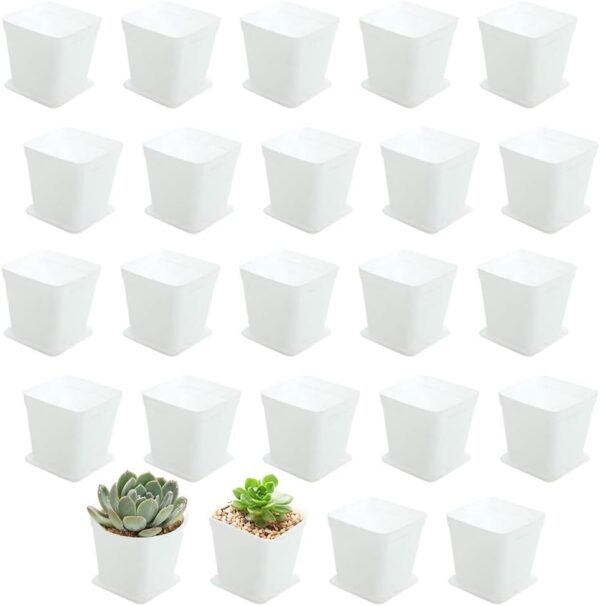 OJYUDD 3inch White Square Plastic Pots with Saucer, Drainage Hole, 24 Pcs, for Flower/Plant, Home,Company,Office and Garden(White)