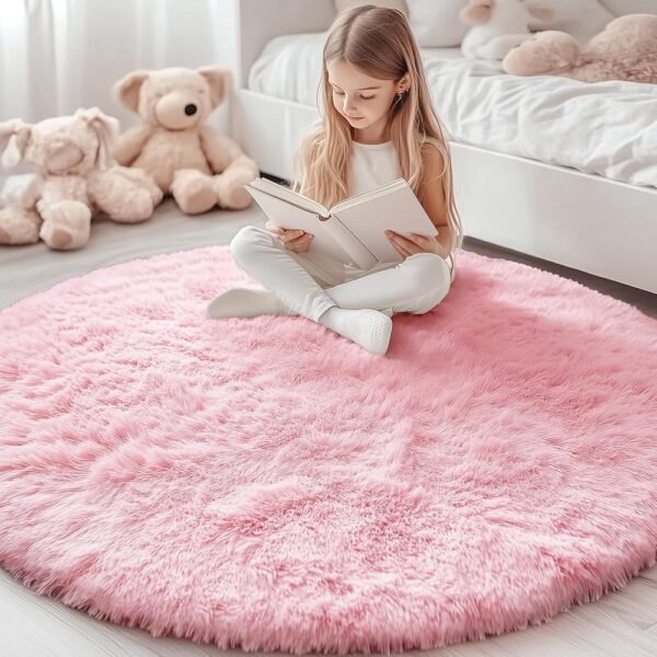 OLANLY Pink Round Rugs for Bedroom - Machine Washable, 4x4 Feet Circle Area Rugs for Living Room, Soft and Fluffy Shaggy Carpet for Teen Girls and Boys, Dorms, Nursery Rooms,...