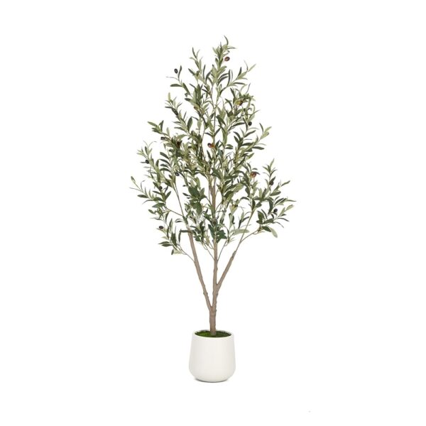 Olive Trees Artificial Indoor, 5FT Tall Faux Olive Tree with White Tall Planter, Artificial Plants with Natural Wood Trunk and Lifelike Fruits for Home Office Decor