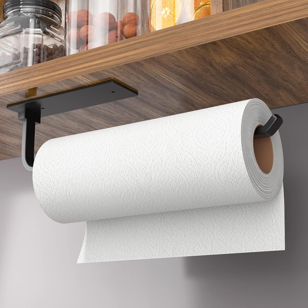 Paper Towel Holder - Self-Adhesive or Drilling, Matte Black Paper Towel Rack Under Cabinet for Kitchen, Upgraded Aluminum Kitchen Roll Holder - Lighter but Stronger Than...