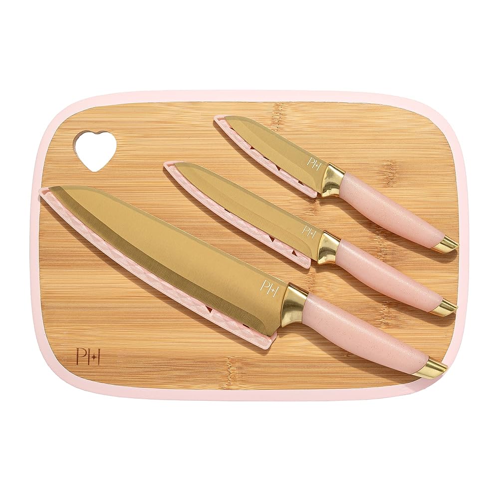 Paris Hilton Reversible Bamboo Cutting Board and Cutlery Set with Matching High Carbon Stainless Steel Knives, Blade Guards, Sleek Yet Comfortable Handle Grips, 7-Piece Set...