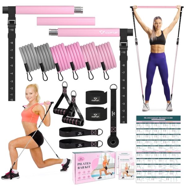 Pilates Bar Kit with Resistance Bands, Multifunctional Yoga Pilates Bar with Heavy-Duty Metal Adjustment Buckle, Portable Home Gym Pilates Resistance Bar Kit for Women Full Body...