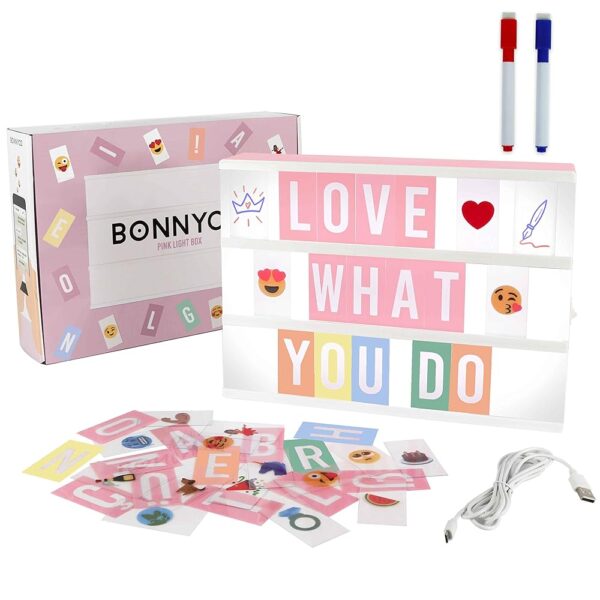 Pink Cinema Light Box with 400 Letters & Emojis & 2 Markers - BONNYCO | Led Light Box Home Office & Room Decor | Light Up Sign Letters Board Gifts for Women & Girls Christmas &...