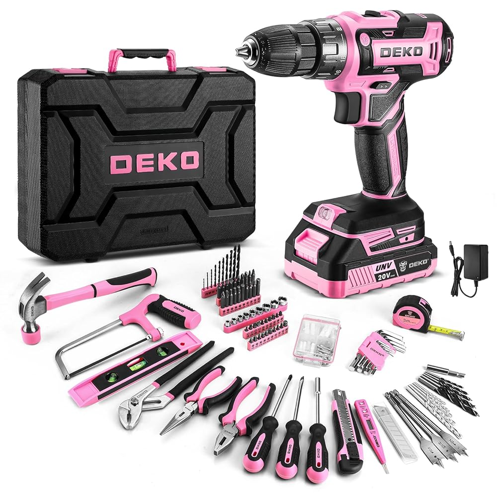 Pink Drill Tool Kit Set: 20V Cordless Power Drill Tool Box with Battery Electric Drill Driver for Men Home Hand Repair Basic Toolbox Tools Sets Drills Case