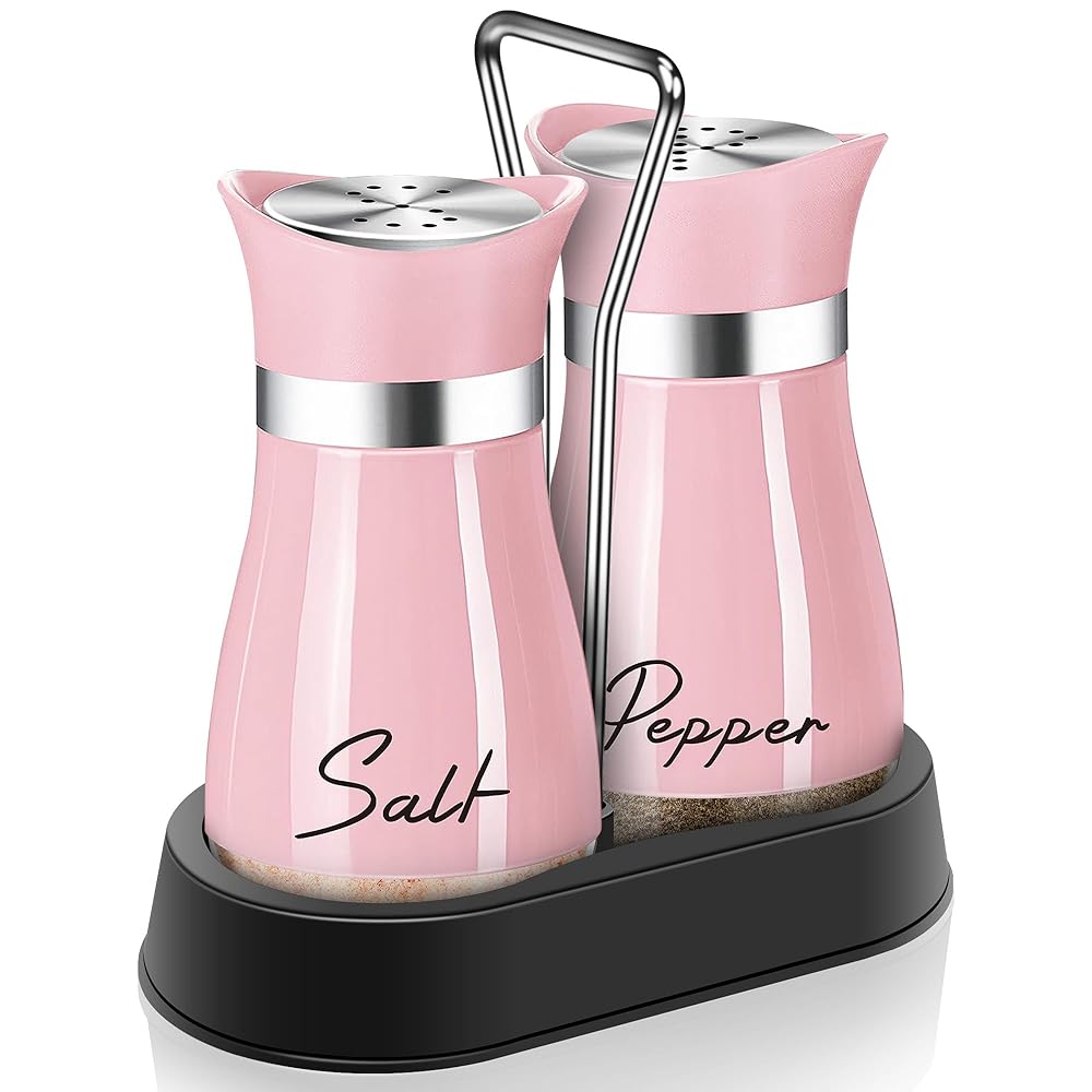 Pink Salt and Pepper Shakers Set with Holder,4 oz Kitchen Decor and Accessories Home Essentials Cute Household Items for Mother's Day Housewarming Gift Refillable Design (Pink)