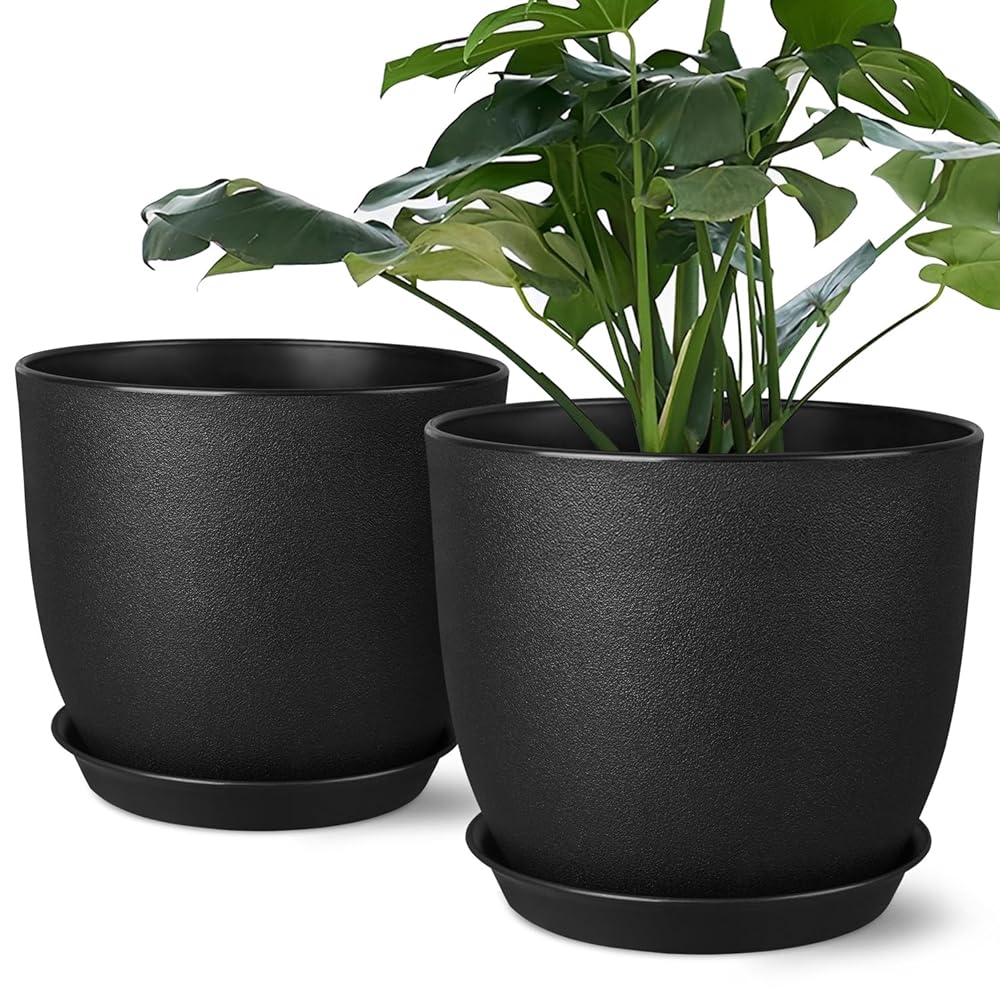 Plant Pots 8 Inch Set of 2, Flower Pots with Multi Mesh Drainage Holes, Planters for Indoor Outdoor Garden Plants and Flowers (Black)