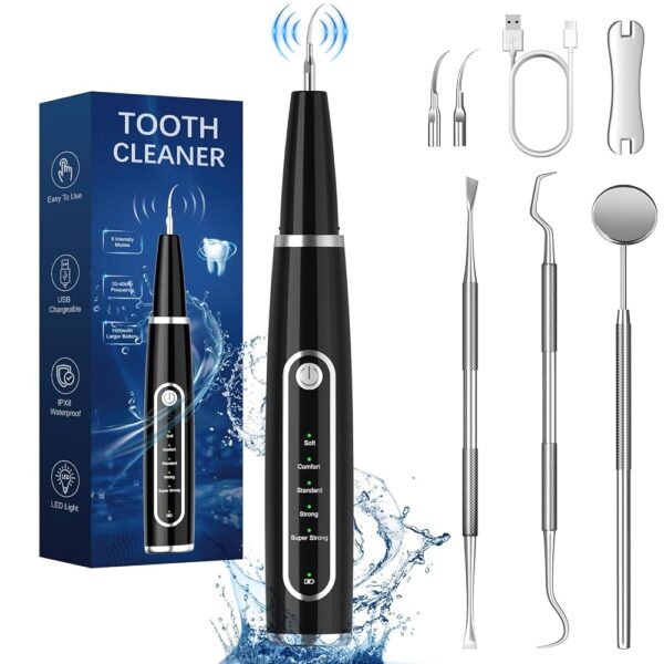 Plaque Remover for Teeth, Tartar Remover for Teeth Cleaning Kit with LED Light and 5 Modes, Calculus Remover Teeth Cleaning Tools for Home Travel, Black