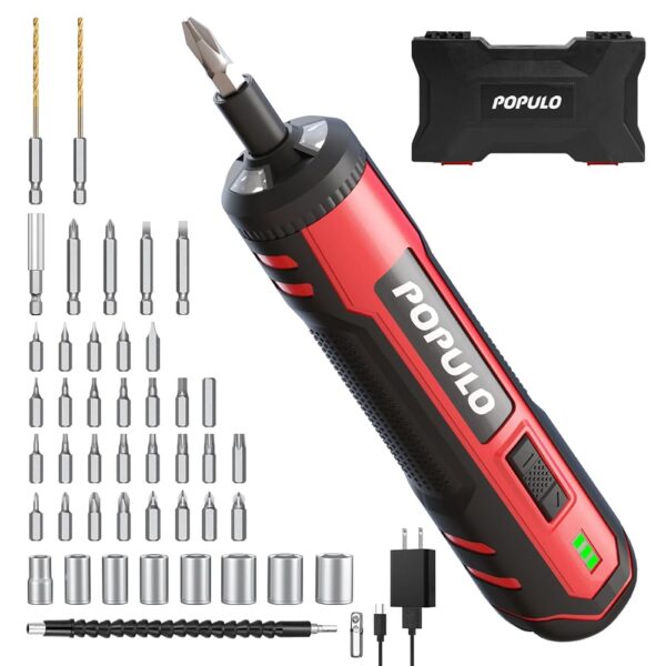 POPULO 4V Electric Screwdriver Kit,6 Torque Settings, Power Screw Driver Cordless Rechargeable with LED Work Light, 32 pieces Screwdriver Bits, 8 Sockets, Flex Hex Shaft, Bit...