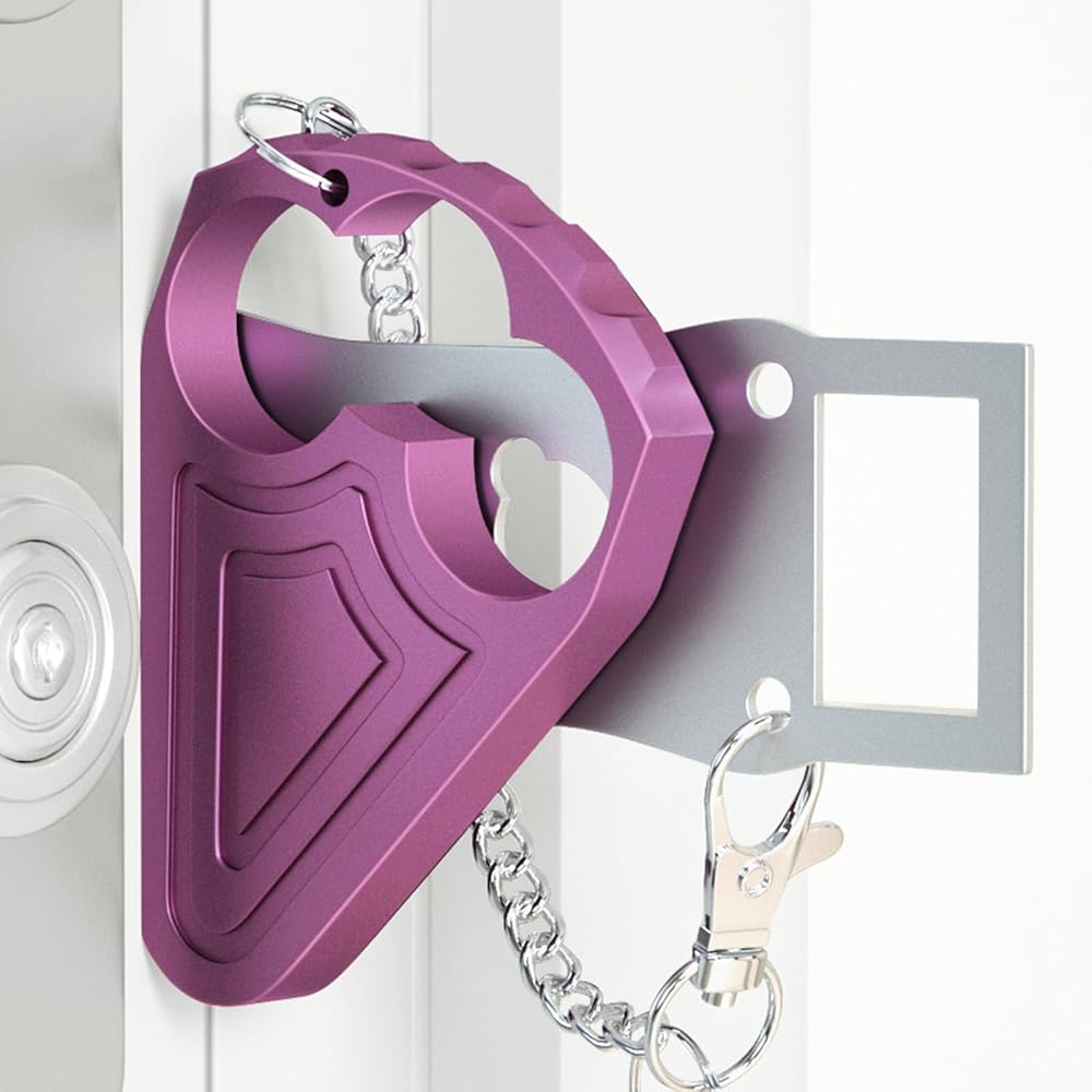 Portable Door Lock for Travelers, Sturdy Metal Hotel Door Lock, Front Door Lock Security for Motel Home Office Apartment Bedroom, Privacy & Safety Essential (Purple, 1 Pack)