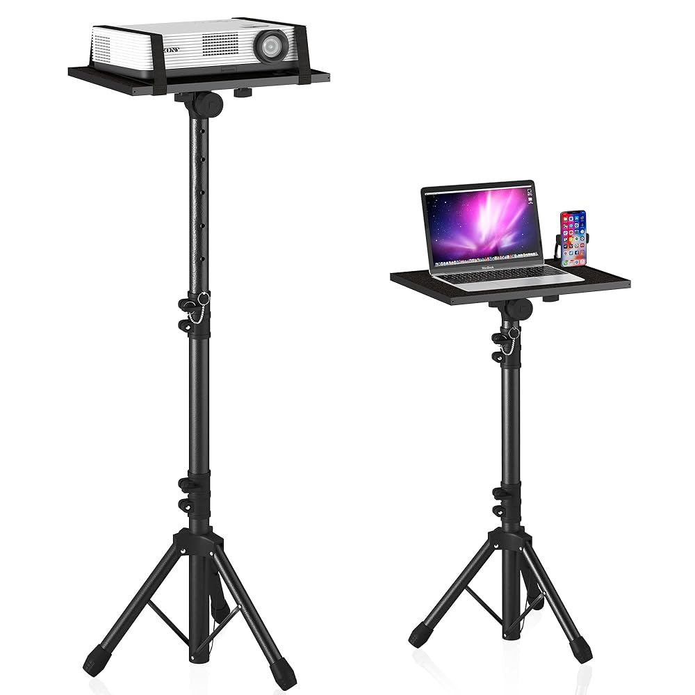 Projector Stand Tripod from 23" to 46", Laptop Tripod Stand Height Adjustable with Gooseneck Phone Holder, Laptop Floor Stand for Office, Home, Stage, Studio, DJ Racks Holder Mount