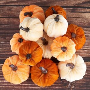 Pumpkin Decor 12pcs Artificial Fake Faux Velvet Foam Fabric Pumpkins Decoration for Fall Home Farmhouse Harvest Thanksgiving Decorative