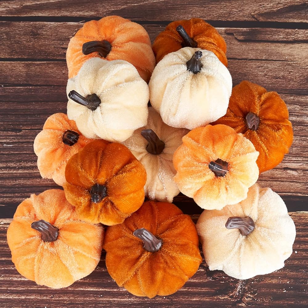 Pumpkin Decor 12pcs Artificial Fake Faux Velvet Foam Fabric Pumpkins Decoration for Fall Home Farmhouse Harvest Thanksgiving Decorative