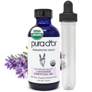 PURA D'OR Organic Lavender Essential Oil (4oz with Glass Dropper) 100% Pure & Natural Therapeutic Grade for Hair, Body, Skin, Aromatherapy Diffuser, Relaxation, Meditation,...