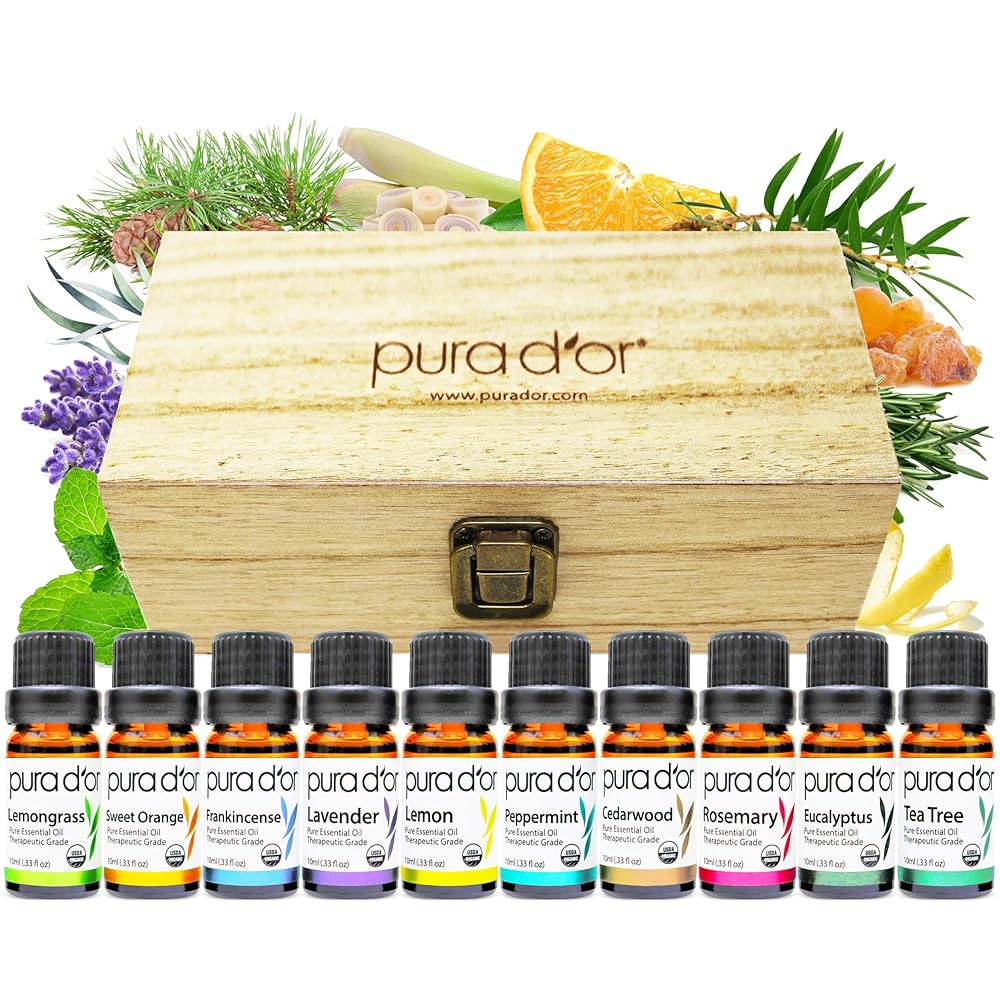 PURA D'OR Organic Perfect10 Essential Oils Set - 10x 10mL Wood Box Aromatherapy Gift Set - 100% Pure Therapeutic Grade for Relaxation and Wellness (Lavender, Peppermint,...