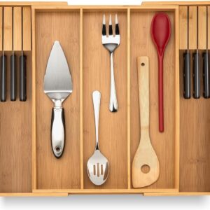 Purawood - Large Premium Bamboo Silverware Organizer with Knife Blocks - Expandable Kitchen Drawer & Utensil Organizer, Cutlery Tray with Drawer Dividers for Kitchen Flatware...