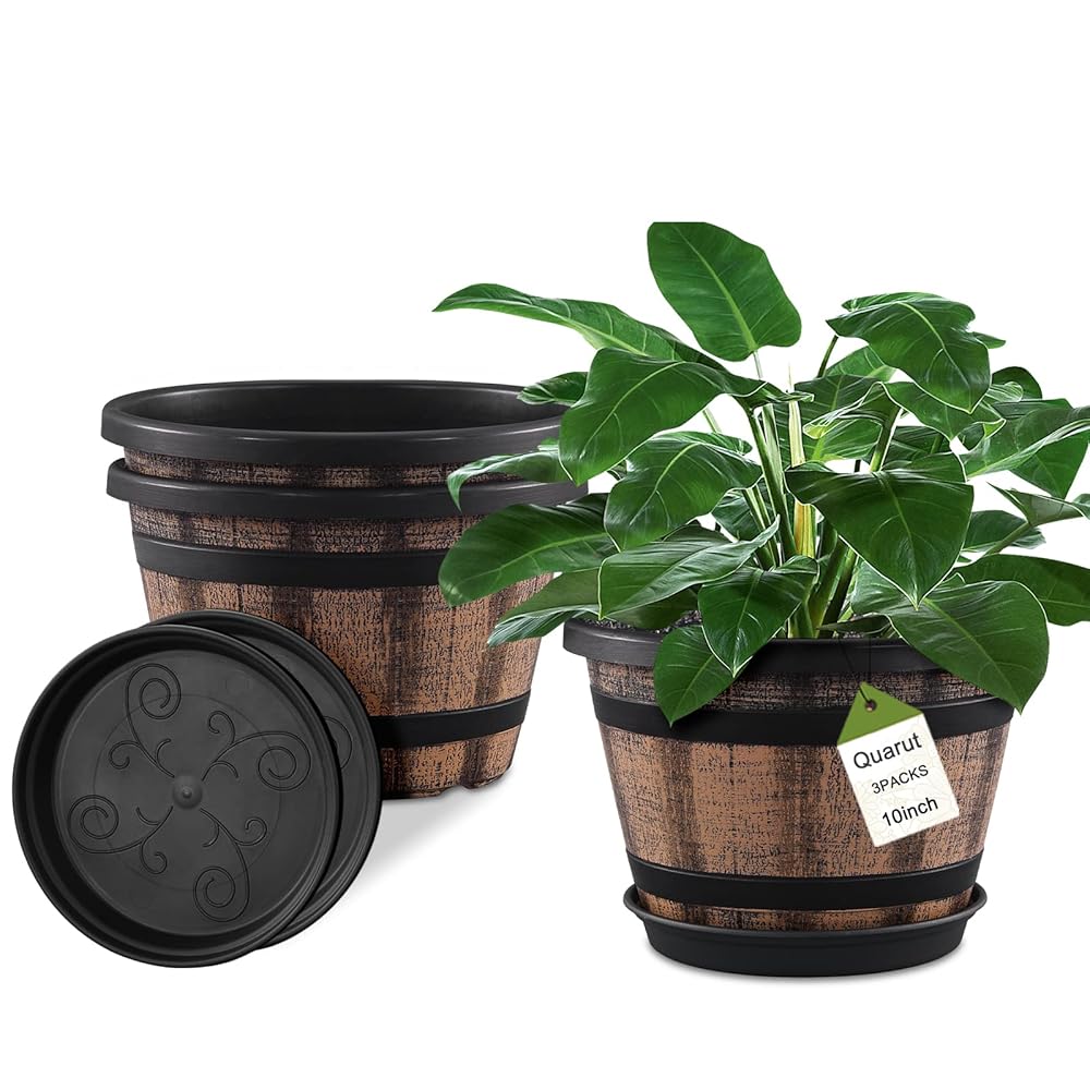 Quarut 3 Pack 10 inch Plant Pots,Whiskey Barrel Planters with Drainage Holes & Saucer, Plastic Decoration Flower Pots Imitation Wine Barrel Design, for Indoor & Outdoor Garden...