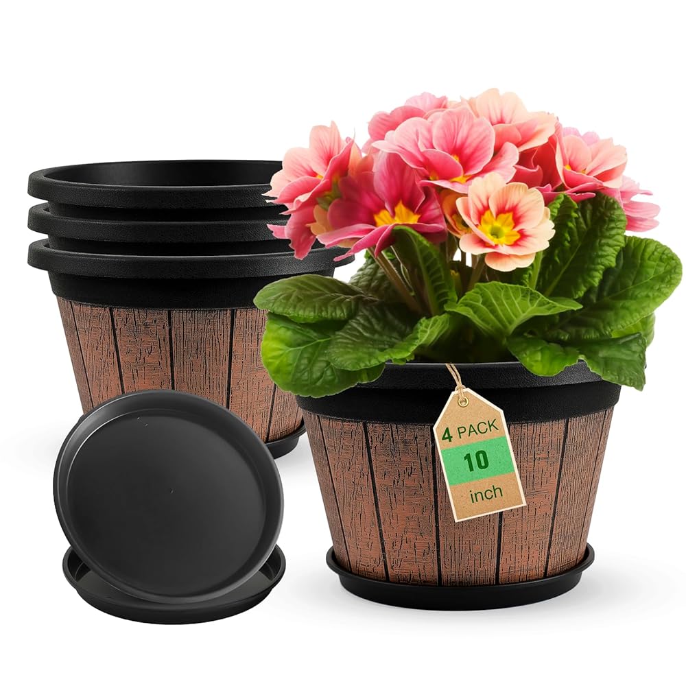 Quarut 4 Pack 10 inch Plant Pots,Upgrade Whiskey Barrel Planters with Drainage Holes & Saucer,Plastic Decoration Flower Pots Retro Design,Planters for Outdoor Indoor Garden Home...