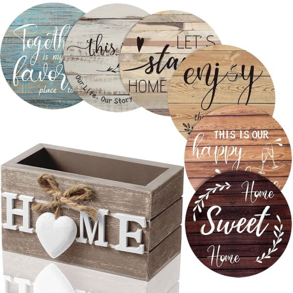 Queekay Housewarming Gifts for Home Decoration Wooden Heart Coasters for Drinks 6 Set Farmhouse Coasters with Holder Funny for Family Coffee Table Protection, 4''(Brown,...