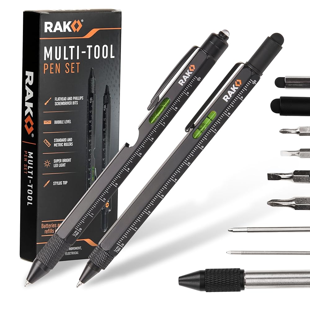 RAK Multitool Pen 2-Pack - Multi-Tool Pens with LED Light, Flathead & Phillips Screwdrivers, Level, Ruler, Bottle Opener, and Stylus. Gift-Ready Box with Ink Refills &...