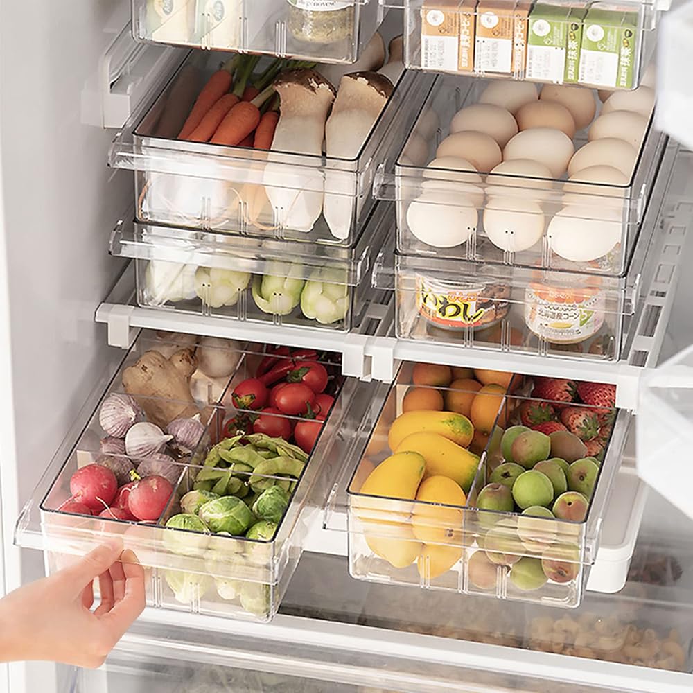 Refrigerator Organizer Bins - Clear Plastic Container Drawer for Egg Vegetable Fruit Snack Drink Food, Home Essentials Organization and Storage for Fridge Kitchen Cabinet Pantry...