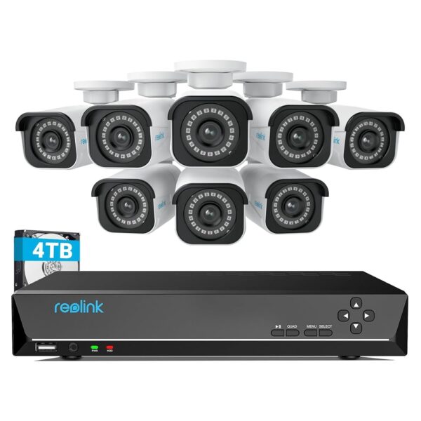 REOLINK 4K Security Camera System, RLK16-800B8 8pcs H.265 PoE Wired with Person Vehicle Detection, 8MP/4K 16CH NVR with 4TB HDD for 24-7 Recording