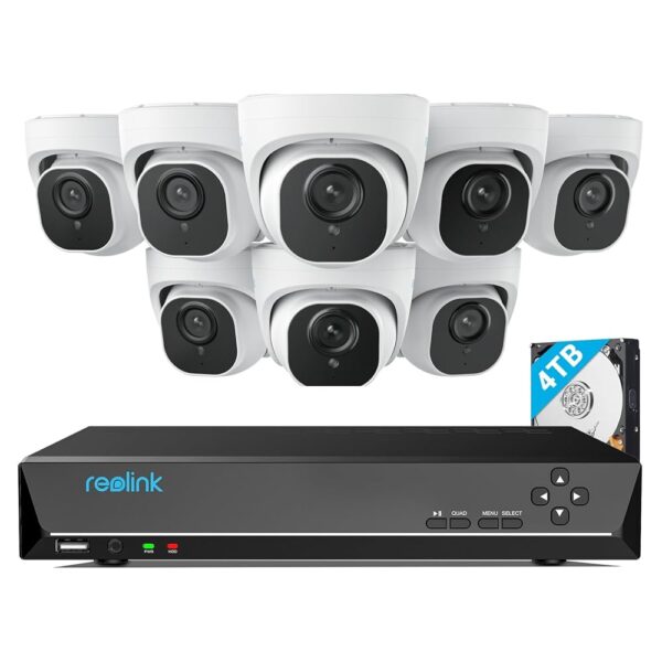 REOLINK 4K Security Camera System Wired, 8pcs H.265 Dome 4K PoE Cameras for Home Security Outdoors, Smart Person Vehicle Detection, 16CH NVR with 4TB HDD for 24-7 Recording,...