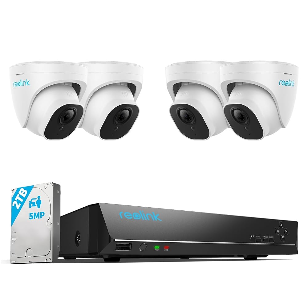 REOLINK Smart 5MP 8CH Home Security Camera System, 4pcs Wired 5MP PoE IP Cameras Outdoor with Person Vehicle Detection, 4K 8CH NVR with 2TB HDD for 24-7 Recording, RLK8-520D4-5MP