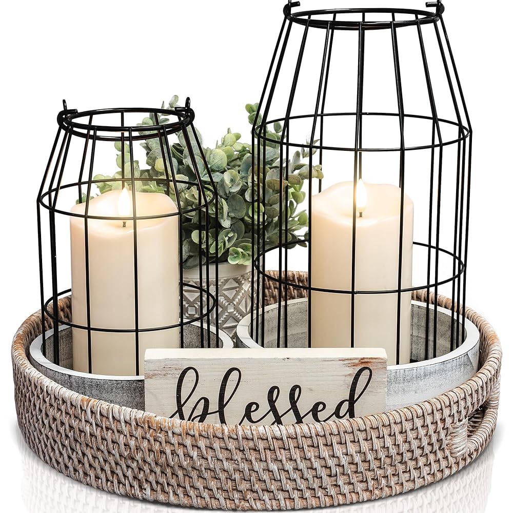 Rustic Farmhouse Lantern Decor Set of 2 - Stylish Decorative Lanterns for Your Living Room, Fireplace Mantle or Kitchen Dining Table - Modern Upscale Beauty for Your Entire Home