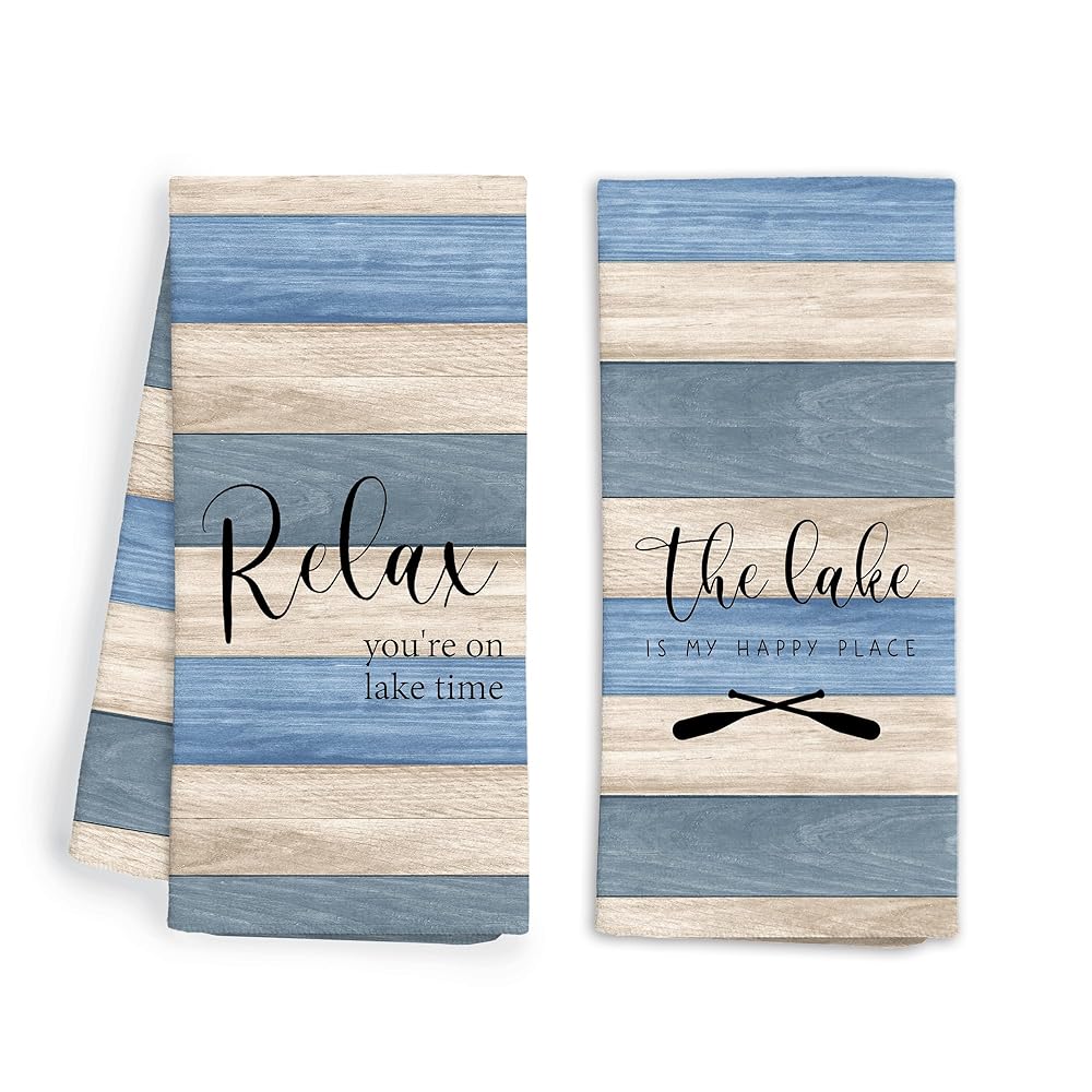 Rustic Lake Kitchen Towels Set of 2, Lake House Decor, Lake Dish Towels for Kitchen, Lake House Gifts, Lake House Essentials, on Lake Time Nautical Hand Towels for Bathroom,...