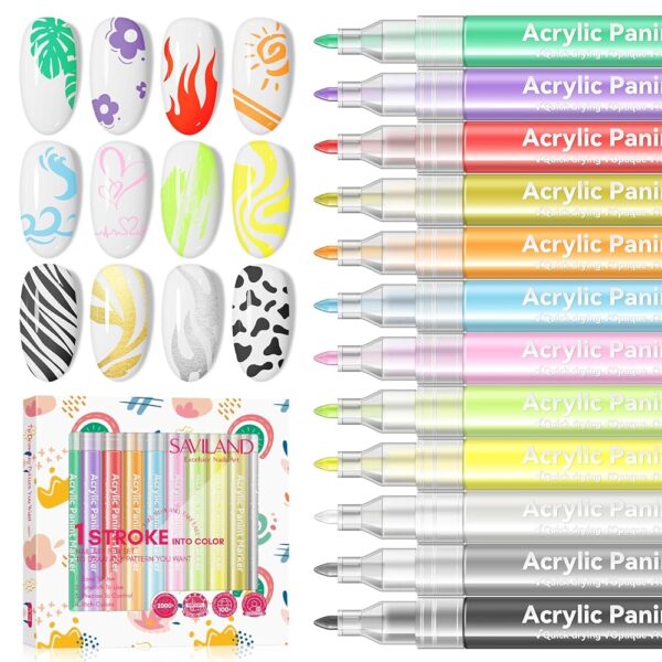 Saviland 12 Colors Nail Art Pens Set - 3D Nail Polish Pens Graffiti Nail Dotting Tools Acrylic Paint Pens Drawing Painting Point Liner Pen for Nails Art Design Manicure Nail...