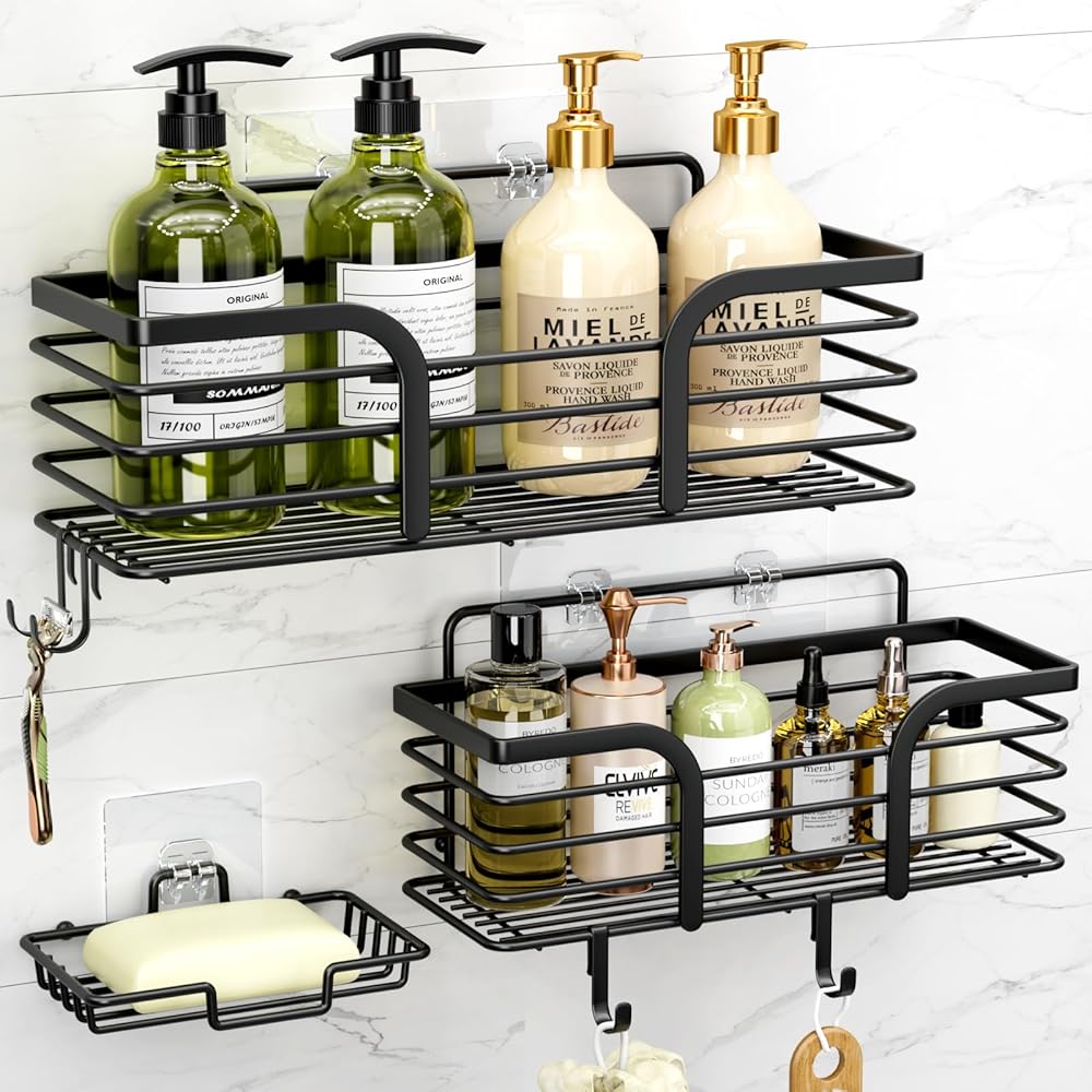 Shower Caddy, Adhesive Shower Organizer with Soap Dish and 4 Hooks, Rustproof Stainless Steel Shower Shelves, Wall Mounted No Drilling Storage Shelf Basket Accessories for...