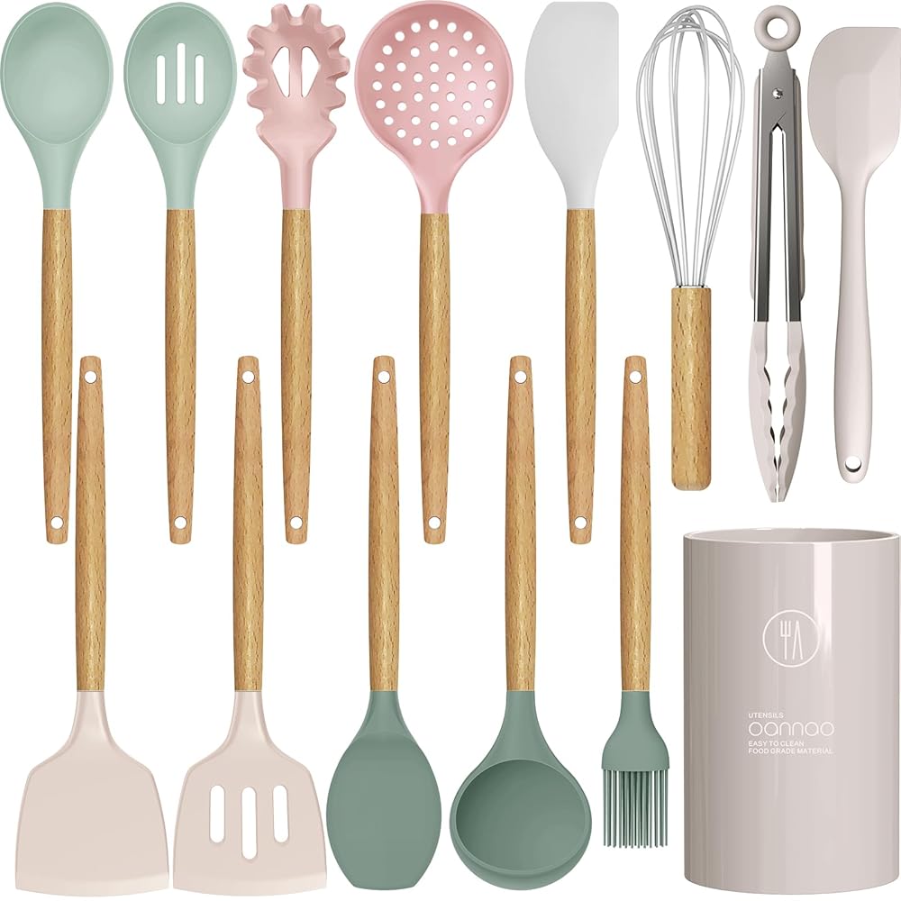 Silicone Cooking Utensils Set - 446°F Heat Resistant Silicone Kitchen Utensils for Cooking,Kitchen Utensil Spatula Set w Wooden Handles and Holder, BPA FREE Gadgets for...