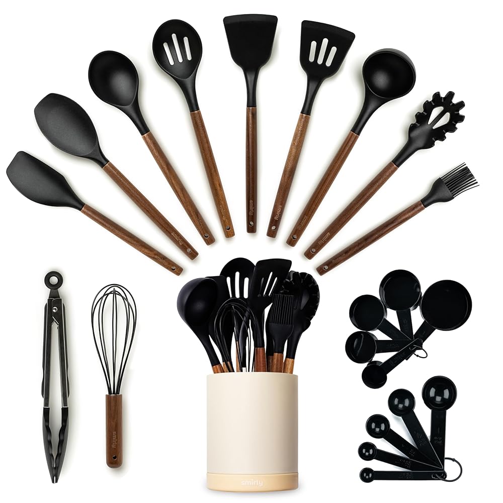 Silicone Kitchen Utensils Set & Holder: Cooking Utensils Set - Kitchen Essentials for New Home & 1st Apartment- Silicone Spatula Set, Cooking Spoons for Nonstick Cookware...