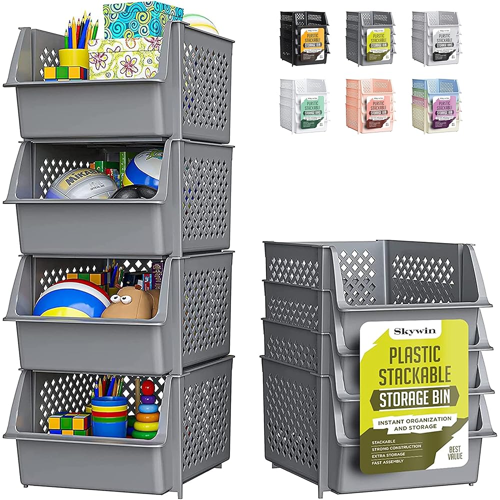 Skywin TidyFriend Stackable Storage Bins for Pantry - 4-Pack Stackable Bins For Organizing Food, Kitchen, and Bathroom Essentials (Grey)