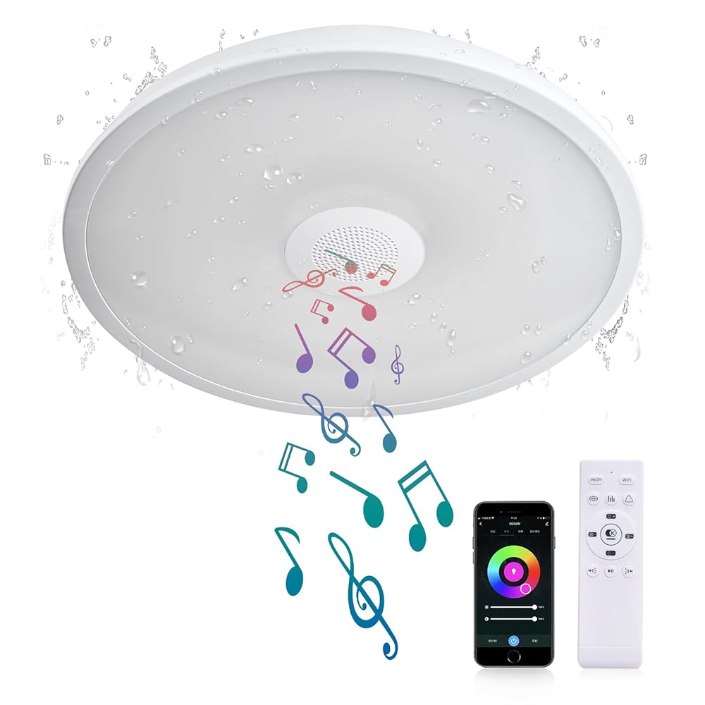 Smart Waterproof LED Ceiling Light Fixture,11 inch 18W,with Bluetooth Speaker,RGB Color Changing function-2700k-6500k Dimmable Lamp,Tuya Application Control-Compatible with...