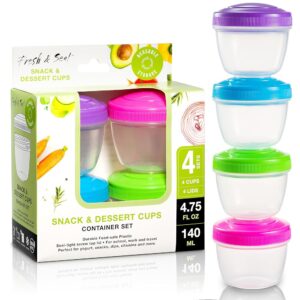 Snack Containers (4 Set) - 4.75 Oz Small Food Storage Cups with Lids - Fruit, Nuts, Sauce, Condiments & Salad Container for Lunch Box - Reusable Dessert Cups, Microwave &...